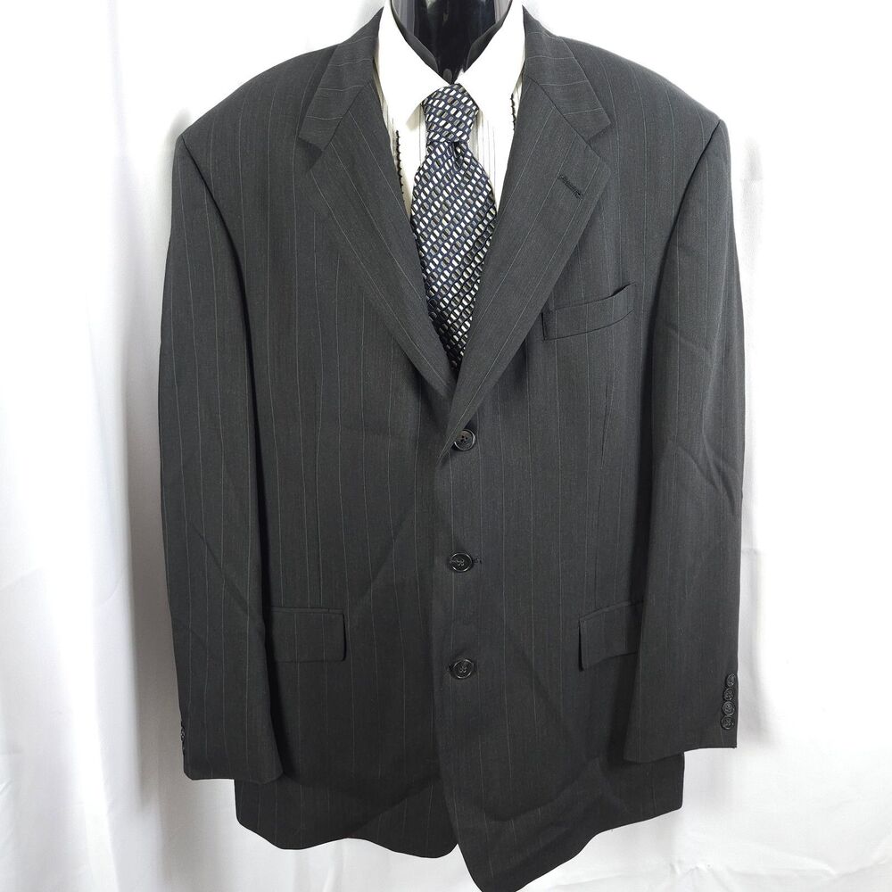 Hart Schaffner Marx Mens 44L Black‎ Pinstripe Wool 3-Button Sports Coat Blazer